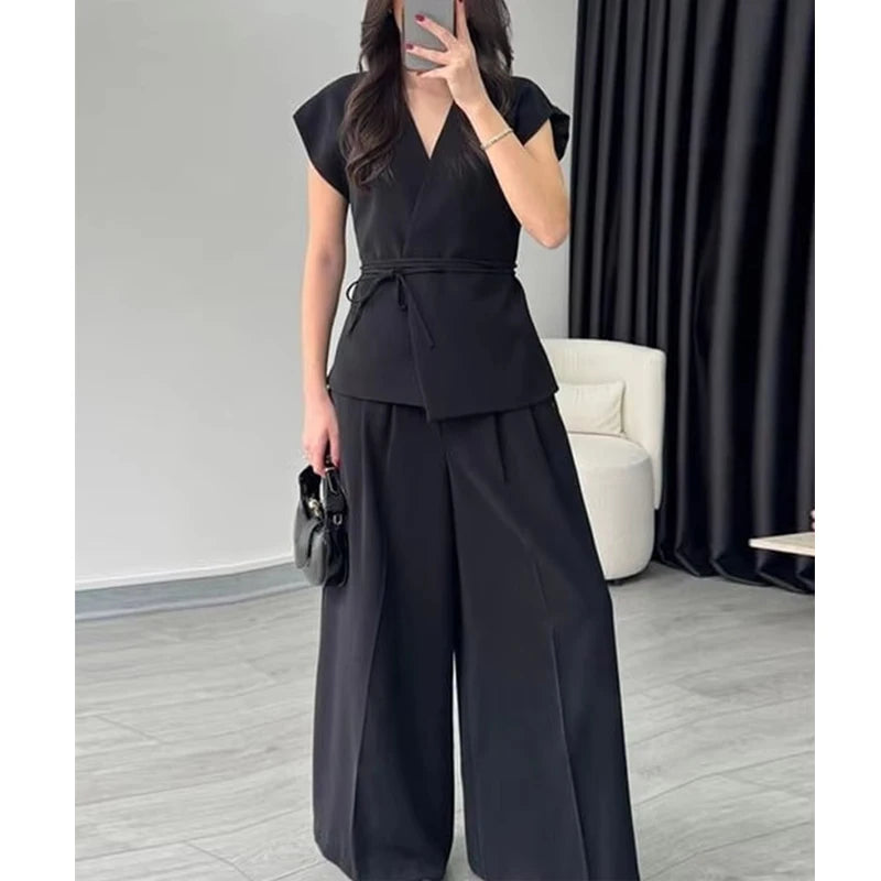 Ensemble Pantalon Large & Top Sans Manches – 2 Pièces Décontracté