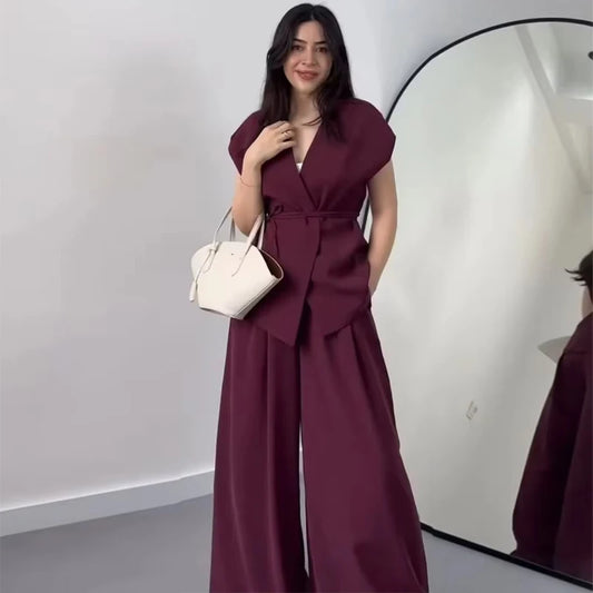 Ensemble Pantalon Large & Top Sans Manches – 2 Pièces Décontracté