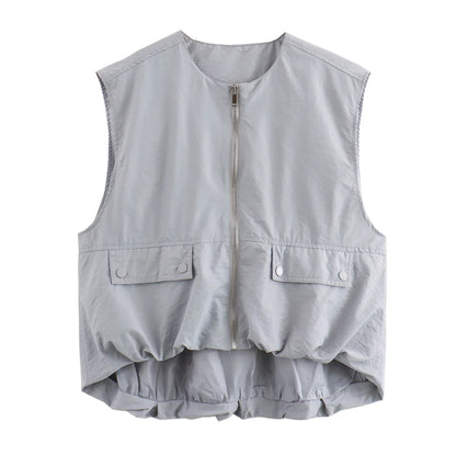 Veste Froncée Sans Manches – Zip et Coupe Loose