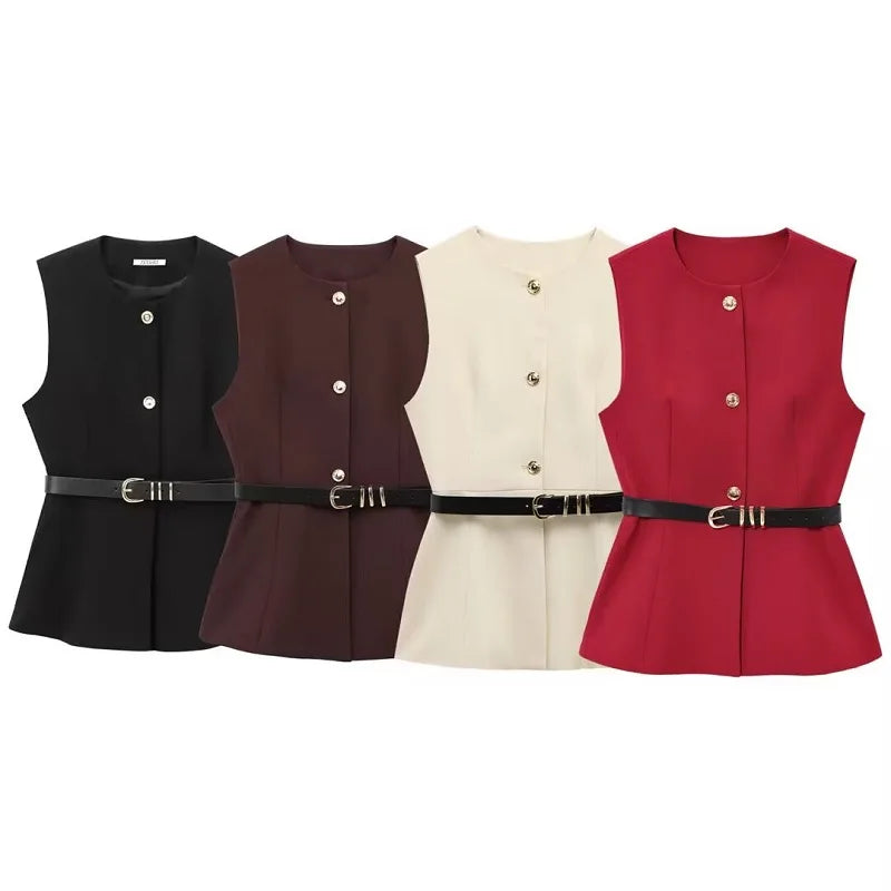 Gilet Sans Manches Ceinturé – Top Boutonné Élégant