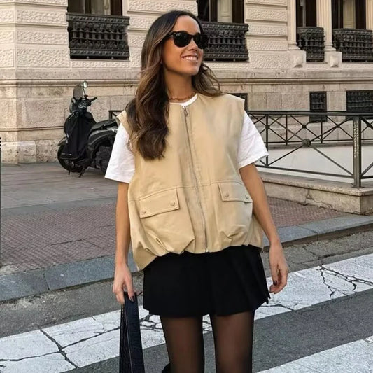Veste Froncée Sans Manches – Zip et Coupe Loose