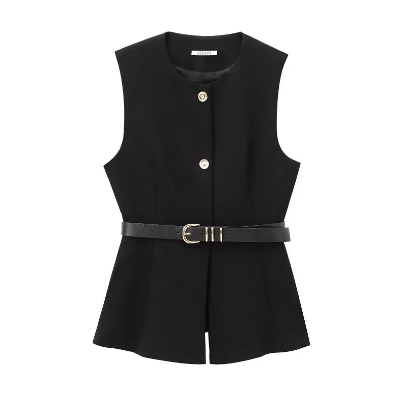 Gilet Sans Manches Ceinturé – Top Boutonné Élégant
