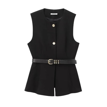 Gilet Sans Manches Ceinturé – Top Boutonné Élégant
