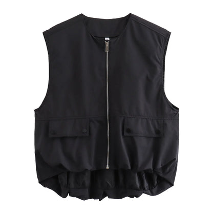 Veste Froncée Sans Manches – Zip et Coupe Loose