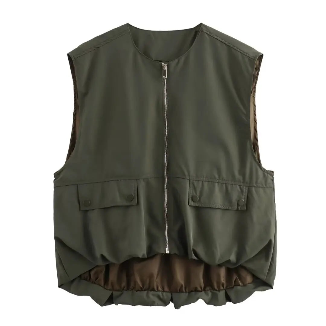 Veste Froncée Sans Manches – Zip et Coupe Loose