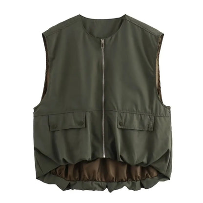 Veste Froncée Sans Manches – Zip et Coupe Loose
