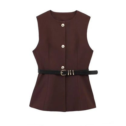 Gilet Sans Manches Ceinturé – Top Boutonné Élégant