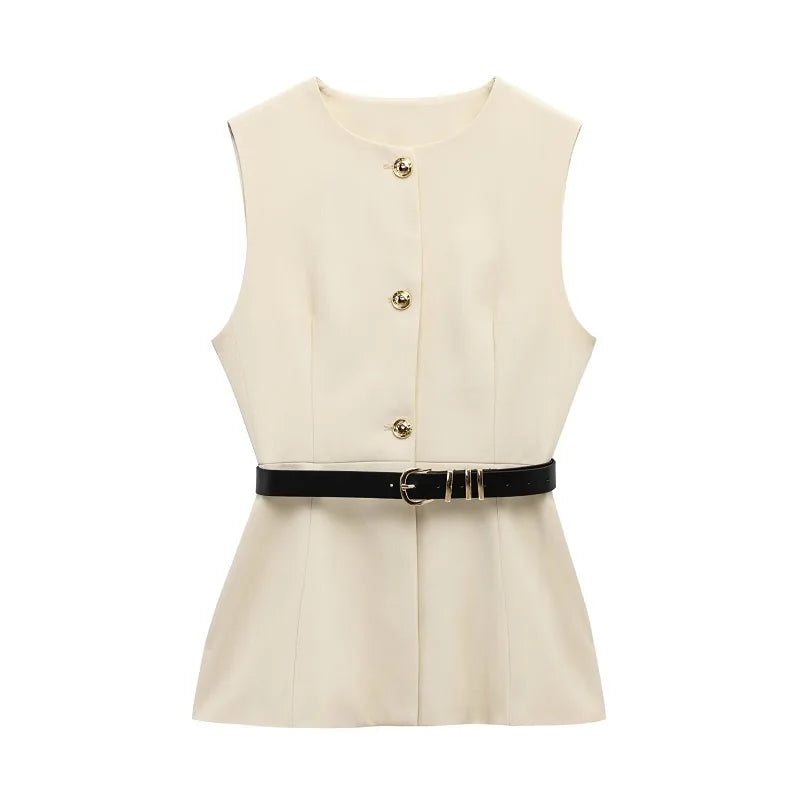 Gilet Sans Manches Ceinturé – Top Boutonné Élégant