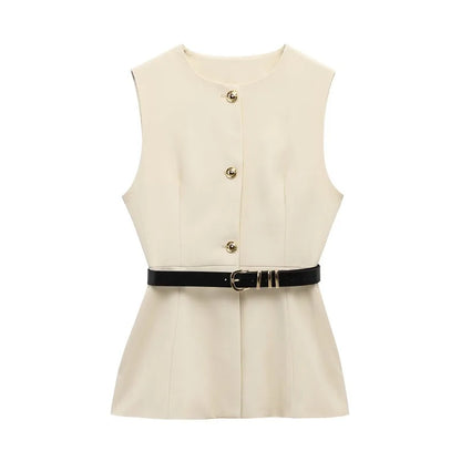 Gilet Sans Manches Ceinturé – Top Boutonné Élégant