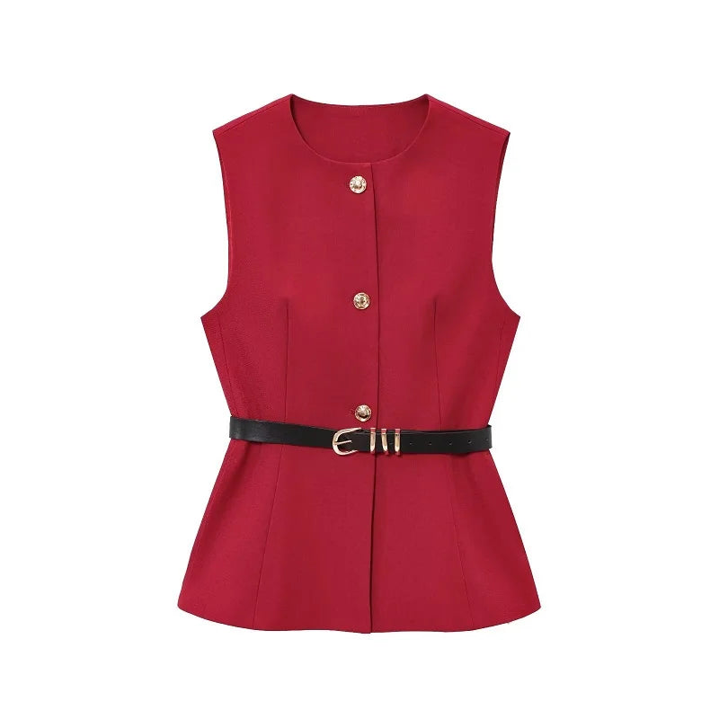 Gilet Sans Manches Ceinturé – Top Boutonné Élégant
