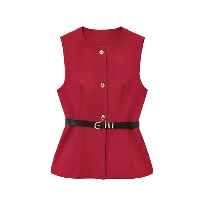 Gilet Sans Manches Ceinturé – Top Boutonné Élégant